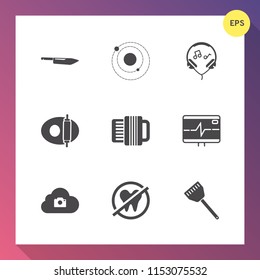 Modern, simple vector icon set on gradient background with web, galaxy, pot, space, sound, water, heart, view, astronomy, earth, audio, photo, planet, food, listen, earphone, headset, white, top icons