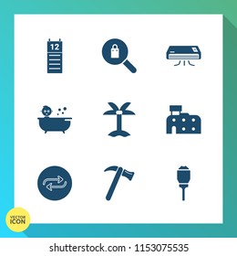 Modern, simple vector icon set on gradient background with architecture, change, replacement, shopping, lamp, concept, searching, clothing, conditioning, shower, reminder, agenda, bath, element icons