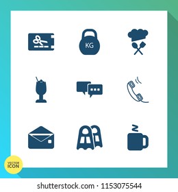 Modern, simple vector icon set on gradient background with beverage, bubble, communication, glass, ice, banner, envelope, telephone, measurement, lemon, alcohol, sign, paper, talk, heavy, coupon icons