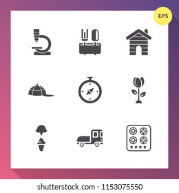 Modern, simple vector icon set on gradient background with laboratory, gas, blossom, headwear, floral, fashion, research, sweet, spring, biology, hat, fork, nature, north, vehicle, virus, oven icons