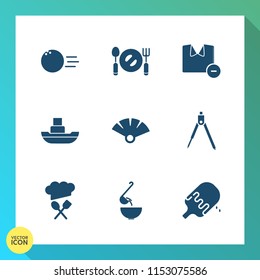 Modern, simple vector icon set on gradient background with male, ocean, pin, sweet, boat, sensu, leisure, sport, white, vessel, competition, traditional, tool, dinner, game, dessert, knife, ship icons