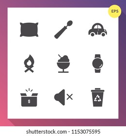 Modern, simple vector icon set on gradient background with box, dinner, icecream, sleep, smart, container, transportation, feather, white, transport, time, food, fabric, bedroom, gadget, utensil icons