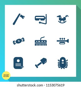 Modern, simple vector icon set on gradient background with ufo, music, summer, axe, keyboard, dessert, tool, sweet, sea, duck, sound, pliers, sport, space, trumpet, lollipop, shovel, identity icons