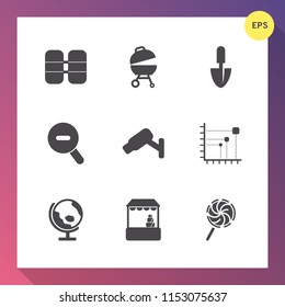 Modern, simple vector icon set on gradient background with shop, work, camera, supermarket, safety, regulator, pressure, bbq, barbecue, globe, data, sausage, equipment, valve, tank, gardening icons