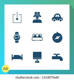 Modern, simple vector icon set on gradient background with care, furniture, auto, water, sign, button, hospital, downloading, arrow, technology, screen, transport, interior, computer, touch, map icons