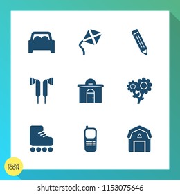 Modern, simple vector icon set on gradient background with fun, pen, sound, stereo, blossom, toy, kite, drawing, vehicle, skating, car, earphone, audio, natural, automotive, building, real, sign icons