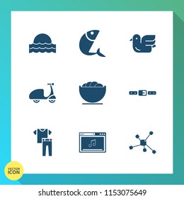 Modern, simple vector icon set on gradient background with bird, sunrise, ride, landscape, atom, technology, music, beautiful, sea, bike, online, sky, fishing, fish, sun, cyclist, shirt, belt icons