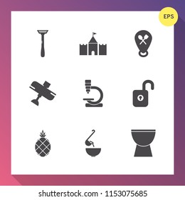Modern, simple vector icon set on gradient background with biology, laboratory, razor, exotic, soup, protection, transport, network, sign, percussion, fly, technology, airplane, microscope, web icons