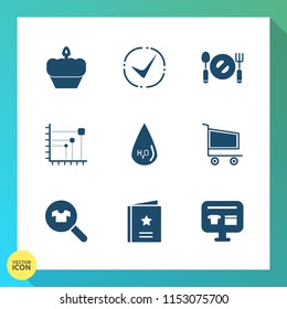 Modern, simple vector icon set on gradient background with drop, retail, trolley, cupcake, drink, graph, diagram, food, chart, sign, kitchen, doughnut, ecommerce, cart, bakery, clothes, favour icons