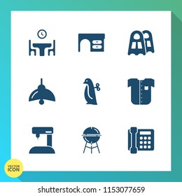 Modern, simple vector icon set on gradient background with notebook, baby, shirt, space, kitchen, grill, table, home, animal, sewing, sew, family, dinner, equipment, sea, clothing, lamp, fashion icons