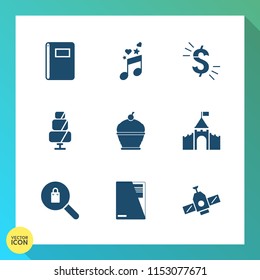 Modern, simple vector icon set on gradient background with file, dollar, pie, business, treble, banking, money, clothing, doughnut, usd, music, melody, cake, station, book, object, background icons