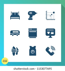 Modern, simple vector icon set on gradient background with button, sign, appliance, call, mattress, bedroom, ecommerce, industry, travel, kitchen, transportation, speed, equipment, gas, pillow icons