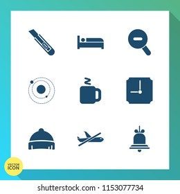 Modern, simple vector icon set on gradient background with notification, knife, solar, style, minimal, cutter, clock, tea, cut, airplane, alarm, hot, room, earth, tool, planet, bell, travel, cup icons
