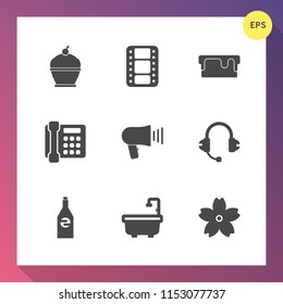 Modern, simple vector icon set on gradient background with audio, call, video, sign, drink, headphones, delicious, cake, spring, megaphone, liquid, film, loud, phone, beverage, sound, telephone icons