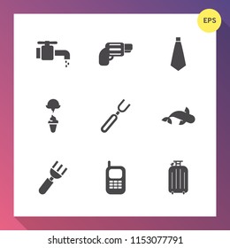 Modern, simple vector icon set on gradient background with hygiene, seafood, travel, gun, bag, luggage, old, water, liquid, chrome, food, army, caliber, ice, fashion, communication, phone, war icons
