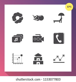 Modern, simple vector icon set on gradient background with cookie, muffin, astronomy, music, meteor, pagoda, video, bakery, comet, equipment, relaxation, chocolate, vacation, temple, asia, data icons