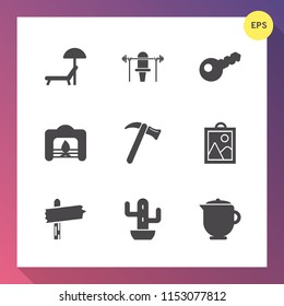 Modern, simple vector icon set on gradient background with beach, image, picture, teapot, dumbbell, key, fireplace, wrench, lock, warm, sea, spanner, arrow, health, nature, tea, desert, barbell icons