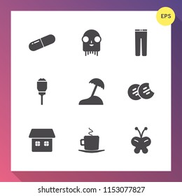 Modern, simple vector icon set on gradient background with beauty, medicine, humanoid, butterfly, capsule, home, street, lantern, drink, snack, clothes, beach, fiction, medical, city, pants, cup icons