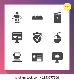 Modern, simple vector icon set on gradient background with sign, menu, medical, crate, apple, intelligence, object, secure, sale, train, click, cart, internet, doctor, medicine, travel, check icons