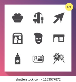 Modern, simple vector icon set on gradient background with card, pointer, machine, dessert, toy, web, weight, identity, lollipop, bakery, candy, sport, gym, cookie, graphic, nutrition, fashion icons