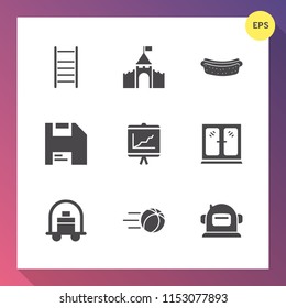 Modern, simple vector icon set on gradient background with space, step, report, tower, document, home, sign, luggage, architecture, food, eat, meal, science, business, medieval, lunch, computer icons