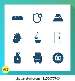 Modern, simple vector icon set on gradient background with food, screen, meal, mountain, armchair, volcano, security, healthy, eruption, chair, crater, phone, dinner, spoon, soap, warm, fashion icons