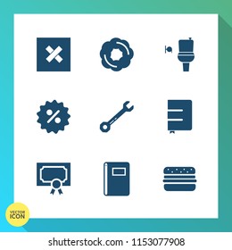 Modern, simple vector icon set on gradient background with cookie, bakery, cupcake, cake, achievement, business, price, hamburger, hammer, restroom, sale, percent, wrench, public, bathroom, sign icons