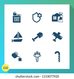 Modern, simple vector icon set on gradient background with drink, ship, white, cup, tea, housework, wine, settings, tool, liquid, plane, oven, cleaner, shovel, spray, construction, food, stove icons