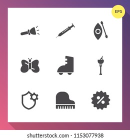 Modern, simple vector icon set on gradient background with river, drink, beauty, percent, water, bulb, sport, music, piano, canoe, adventure, light, butterfly, kayak, price, electric, energy icons