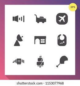 Modern, simple vector icon set on gradient background with radio, toy, network, meat, aircraft, business, mower, chicken, equipment, audio, airplane, gardening, child, speaker, air, lawn, cheese icons