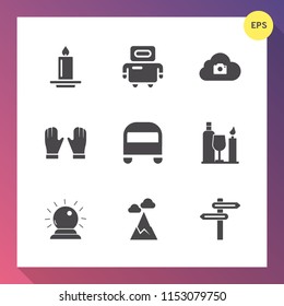 Modern, simple vector icon set on gradient background with celebration, flame, landscape, background, decoration, candlelight, cloud, magic, light, nature, alcohol, candle, technology, direction icons