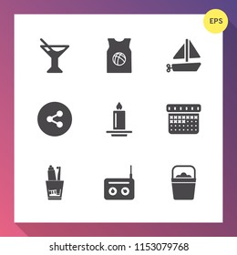 Modern, simple vector icon set on gradient background with media, water, basketball, toothpaste, day, sign, calendar, object, radio, juice, ice, transportation, drink, toothbrush, sport, team icons