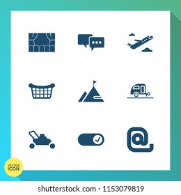 Modern, simple vector icon set on gradient background with element, flight, white, sign, transportation, transport, lawn, food, bubble, market, aircraft, garden, journey, gardening, object, art icons