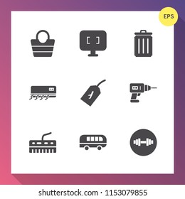 Modern, simple vector icon set on gradient background with web, travel, trash, flight, sign, transport, tag, object, cold, bag, recycling, recycle, work, modern, equipment, ecology, music, bin icons