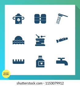 Modern, simple vector icon set on gradient background with cylinder, nutrition, white, hygiene, hair, care, comb, childhood, healthy, bottle, mouth, bathroom, dental, musical, sun, baby, beauty icons