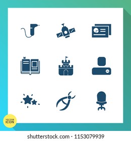 Modern, simple vector icon set on gradient background with plastic, human, person, orbit, nature, equipment, sand, technology, white, station, tool, clinic, satellite, literature, planet, night icons