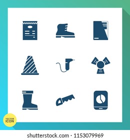Modern, simple vector icon set on gradient background with cooler, footwear, medicine, drill, wear, plastic, clinic, foot, care, dental, saw, road, button, sign, chart, web, dentistry, paper icons