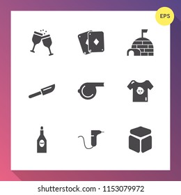 Modern, simple vector icon set on gradient background with cube, nature, restaurant, child, wine, dentist, north, equipment, medical, drink, card, clothes, glass, snow, poker, ice, red, black icons