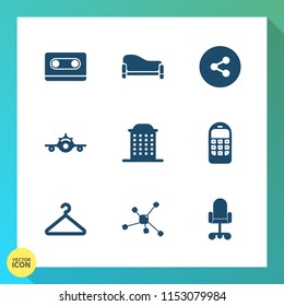 Modern, simple vector icon set on gradient background with record, cloakroom, stereo, airplane, couch, business, comfortable, flight, chemistry, fashion, molecule, internet, architecture, social icons