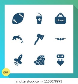 Modern, simple vector icon set on gradient background with football, store, rocket, travel, axe, grass, action, ocean, ball, necklace, cafe, electricity, plug, tool, sport, drink, red, american icons