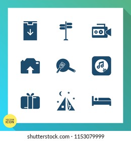 Modern, simple vector icon set on gradient background with kitchen, music, note, handle, upload, road, street, lens, camera, holiday, direction, website, web, movie, video, picture, food, sound icons