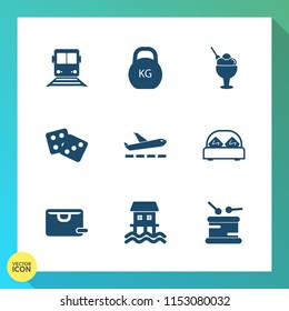 Modern, simple vector icon set on gradient background with weight, ice, chance, music, sound, win, summer, boat, kilogram, sign, sale, food, sweet, airplane, vanilla, instrument, double, travel icons