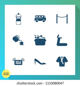 Modern, simple vector icon set on gradient background with object, message, spoon, cook, graphic, tea, speed, fashion, street, road, cleaner, fence, wooden, traffic, cooking, travel, kitchen icons