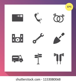 Modern, simple vector icon set on gradient background with equipment, video, envelope, technology, gift, shovel, ambulance, telephone, spanner, construction, cinema, mail, business, wrench, love icons