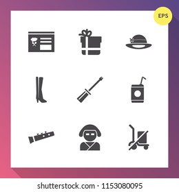 Modern, simple vector icon set on gradient background with screwdriver, drink, interface, kimono, scale, japan, package, tool, send, liquid, asian, geisha, equipment, ribbon, object, sport, bow icons