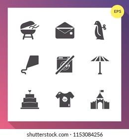 Modern, simple vector icon set on gradient background with envelope, cake, pie, message, japan, building, japanese, grill, kid, sweet, mail, dessert, clothing, fire, umbrella, communication, bbq icons