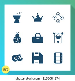 Modern, simple vector icon set on gradient background with sport, princess, cookie, fireplace, bug, music, queen, royal, percussion, technology, dessert, drum, diskette, musical, instrument, bag icons
