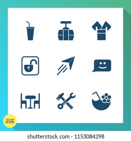 Modern, simple vector icon set on gradient background with cityscape, costume, transport, train, paper, asia, protection, drink, cocktail, fly, smile, juice, car, japanese, lock, wrench, glass icons