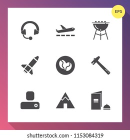Modern, simple vector icon set on gradient background with contact, travel, airport, adventure, transport, brochure, launch, grill, grilling, departure, speaker, hot, barbecue, grilled, cooking icons