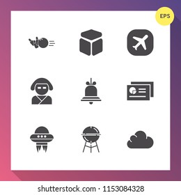 Modern, simple vector icon set on gradient background with ball, leisure, space, bbq, plane, air, grill, cube, alert, beautiful, flight, ufo, fun, chart, game, sport, element, travel, alarm, pin icons
